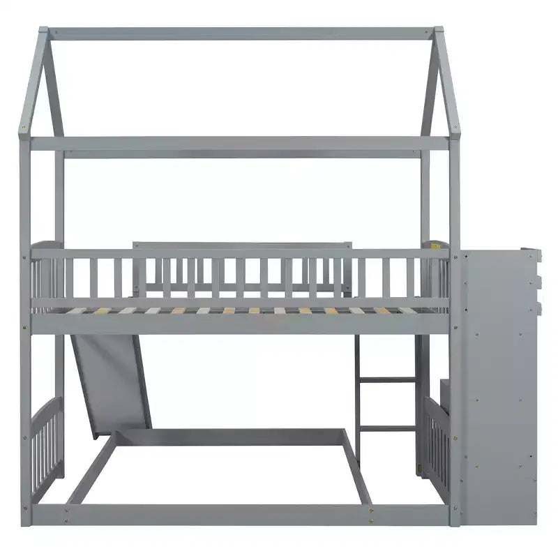 Twin Over Full Bunk Bed with Slide and Playhouse Design