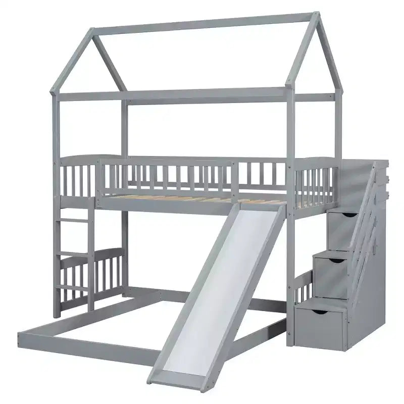 Twin Over Full Bunk Bed with Slide and Playhouse Design