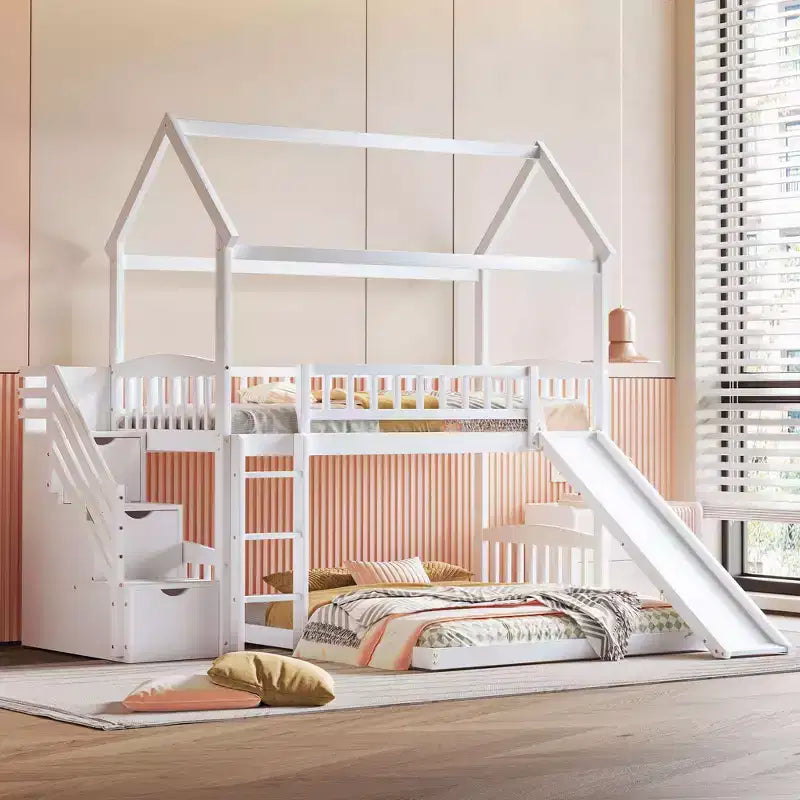 Twin Over Full Bunk Bed with Slide and Playhouse Design
