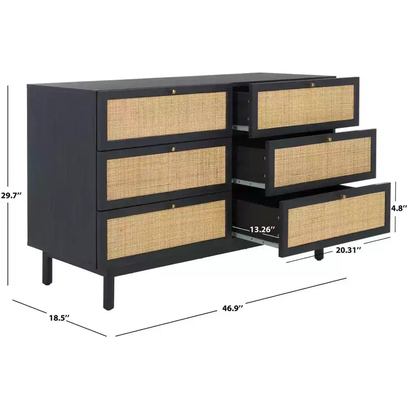 Rattan Mesh 6-Drawer Dresser DRS9600 in Deep Walnut with Gold Pulls