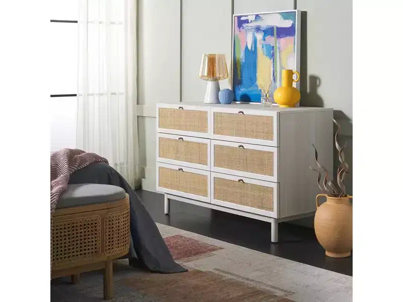Rattan Mesh 6-Drawer Dresser DRS9600 in Deep Walnut with Gold Pulls