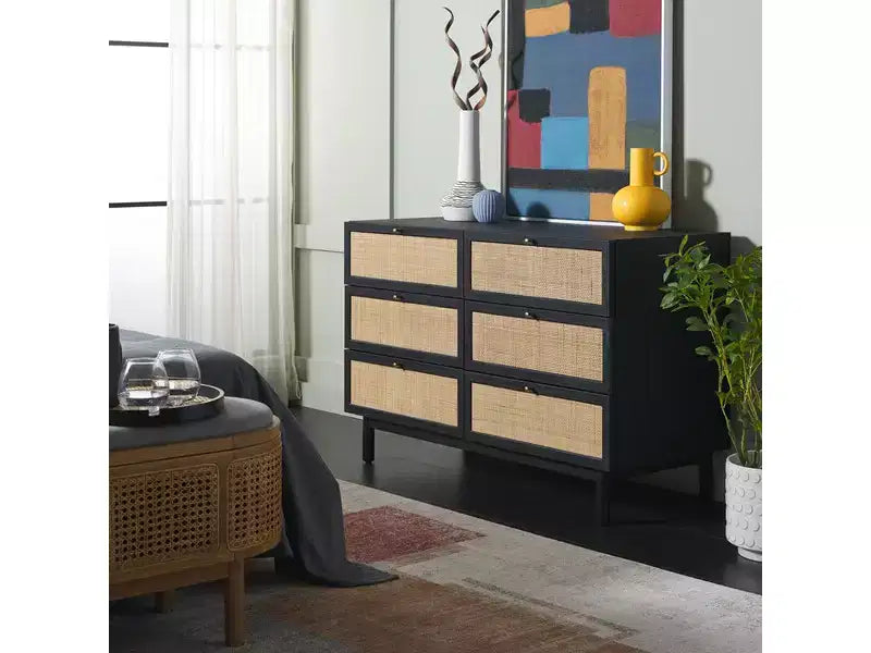 Rattan Mesh 6-Drawer Dresser DRS9600 in Deep Walnut with Gold Pulls