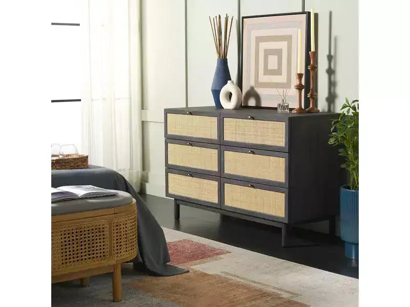 Rattan Mesh 6-Drawer Dresser DRS9600 in Deep Walnut with Gold Pulls