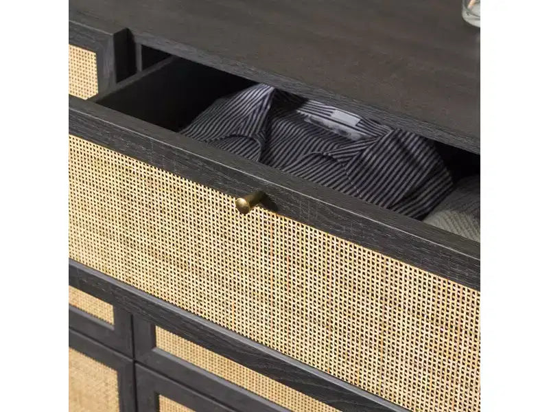 Rattan Mesh 6-Drawer Dresser DRS9600 in Deep Walnut with Gold Pulls