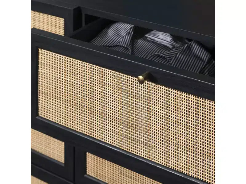 Rattan Mesh 6-Drawer Dresser DRS9600 in Deep Walnut with Gold Pulls