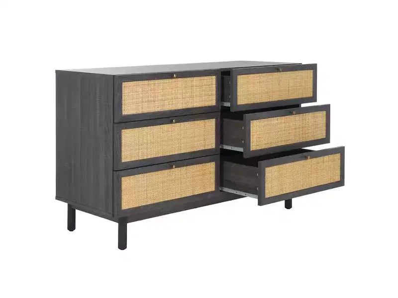 Rattan Mesh 6-Drawer Dresser DRS9600 in Deep Walnut with Gold Pulls