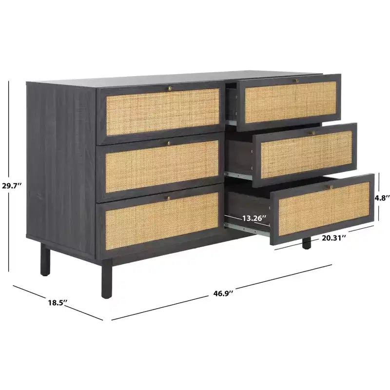 Rattan Mesh 6-Drawer Dresser DRS9600 in Deep Walnut with Gold Pulls