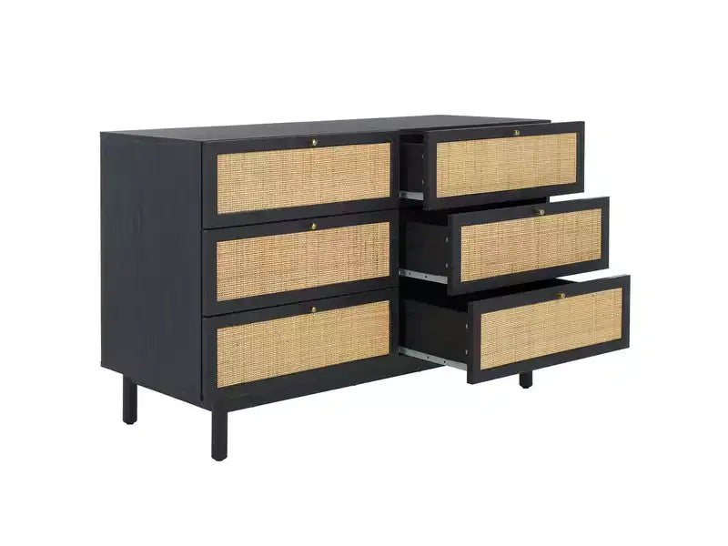 Rattan Mesh 6-Drawer Dresser DRS9600 in Deep Walnut with Gold Pulls