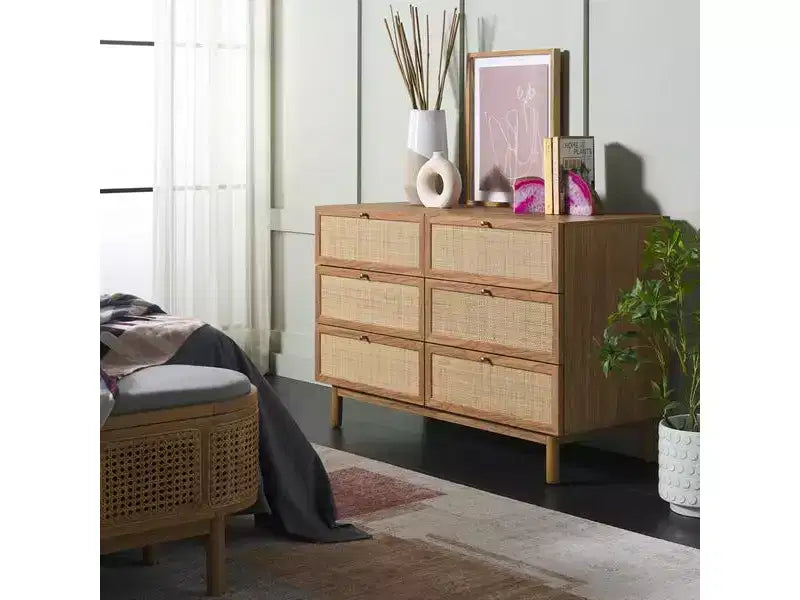 Rattan Mesh 6-Drawer Dresser DRS9600 in Deep Walnut with Gold Pulls