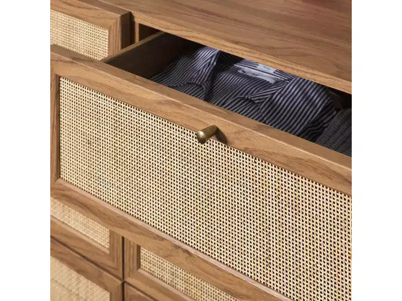 Rattan Mesh 6-Drawer Dresser DRS9600 in Deep Walnut with Gold Pulls