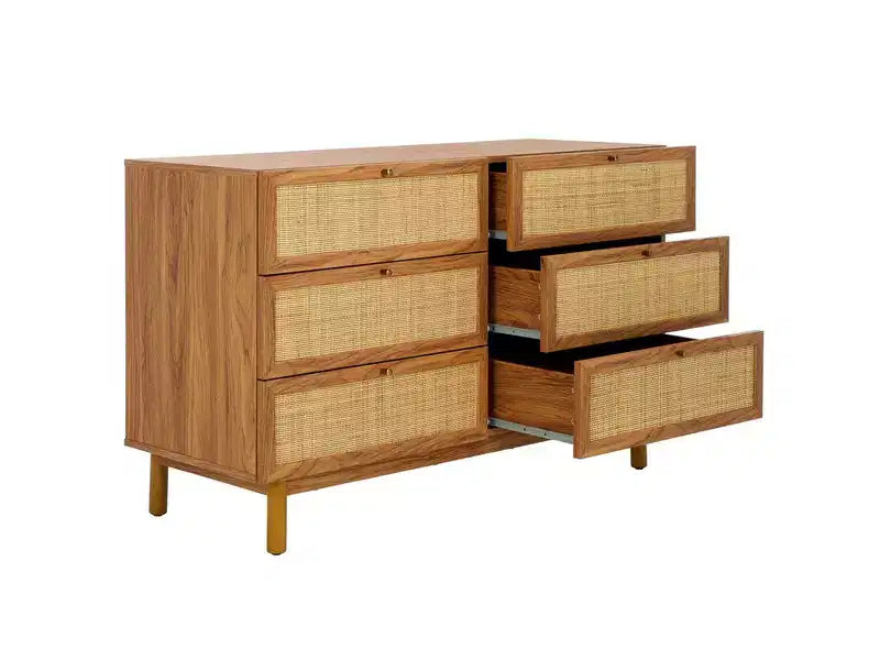 Rattan Mesh 6-Drawer Dresser DRS9600 in Deep Walnut with Gold Pulls