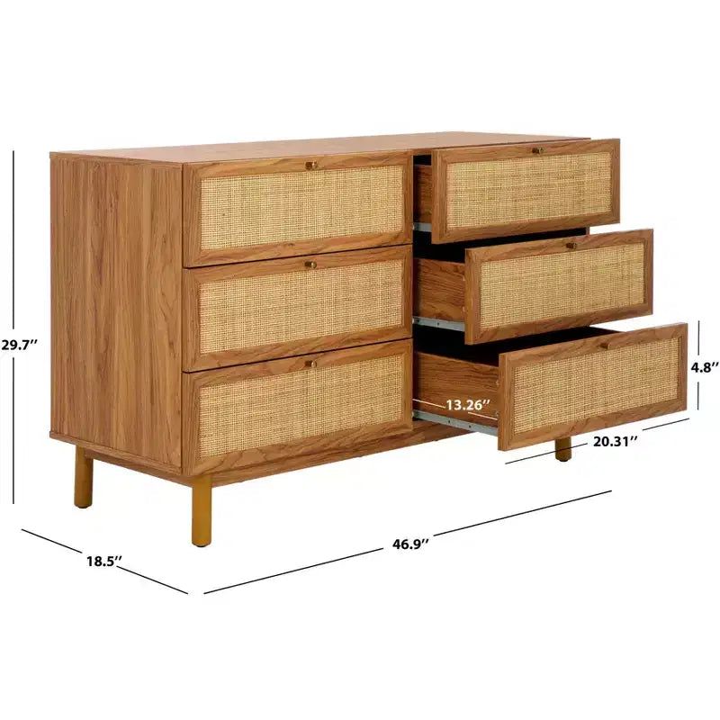 Rattan Mesh 6-Drawer Dresser DRS9600 in Deep Walnut with Gold Pulls