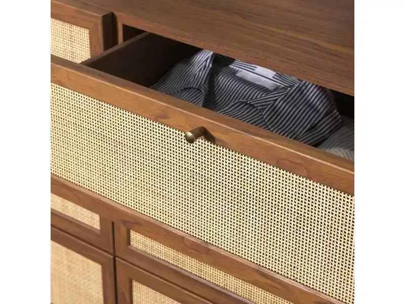 Rattan Mesh 6-Drawer Dresser DRS9600 in Deep Walnut with Gold Pulls