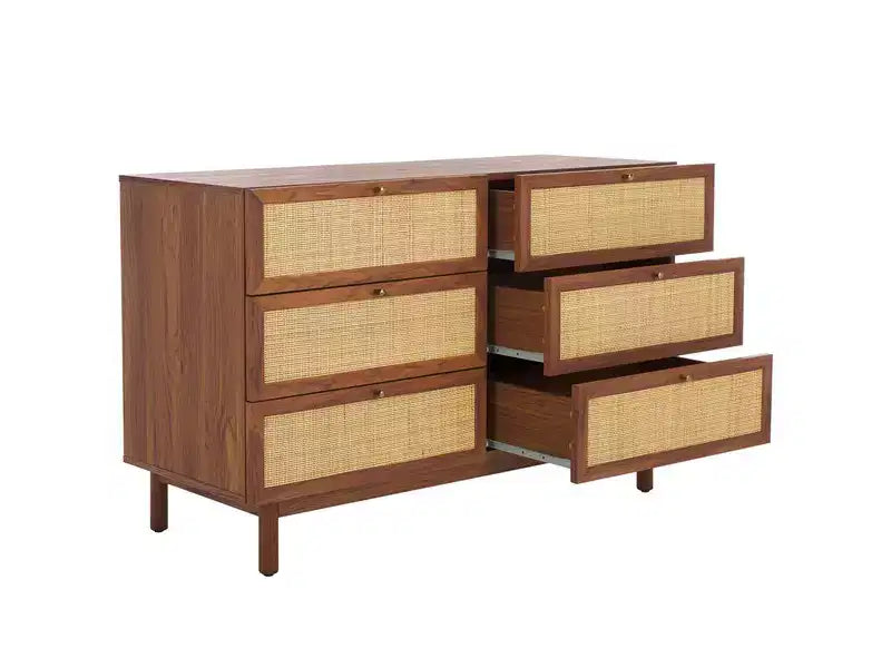 Rattan Mesh 6-Drawer Dresser DRS9600 in Deep Walnut with Gold Pulls