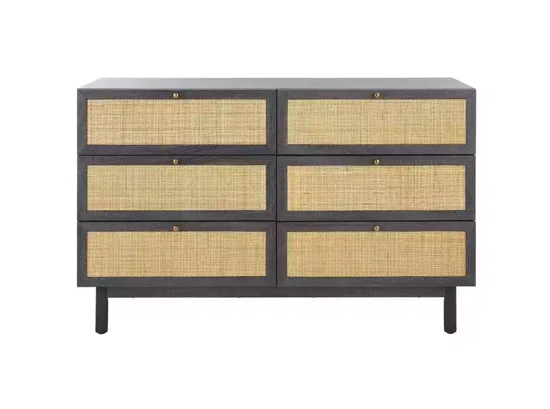 Rattan Mesh 6-Drawer Dresser DRS9600 in Deep Walnut with Gold Pulls