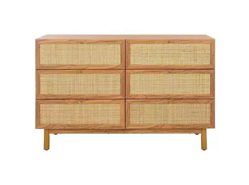 Rattan Mesh 6-Drawer Dresser DRS9600 in Deep Walnut with Gold Pulls