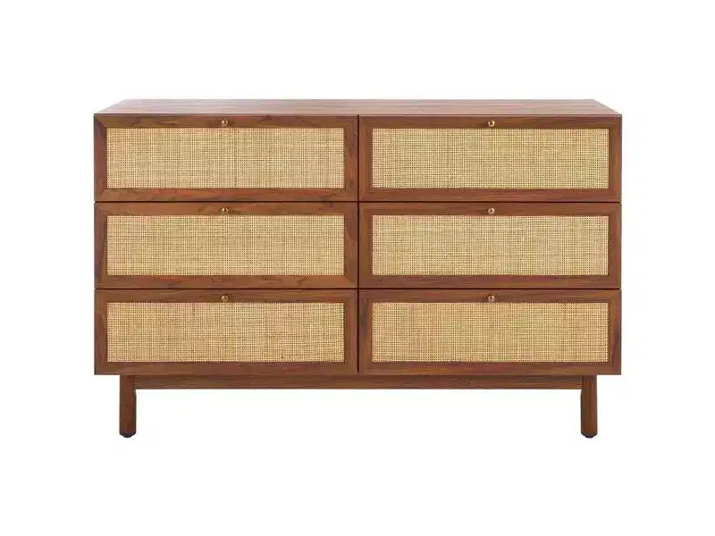 Rattan Mesh 6-Drawer Dresser DRS9600 in Deep Walnut with Gold Pulls