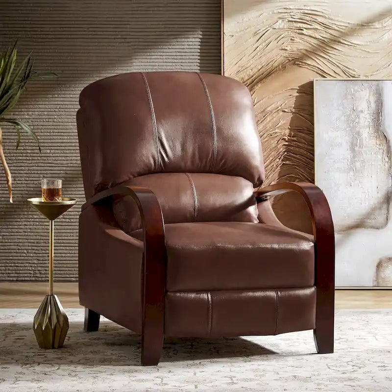 Fauteuil inclinable manuel Alex Mid-century Modern Cigar en cuir véritable avec accoudoirs incurvés en bois
