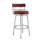 26" Madrid Counter Height Barstool with Red Faux Leather Brushed Stainless Steel Finish - Armen Living: Modern Swivel, Low Back, Armless Design