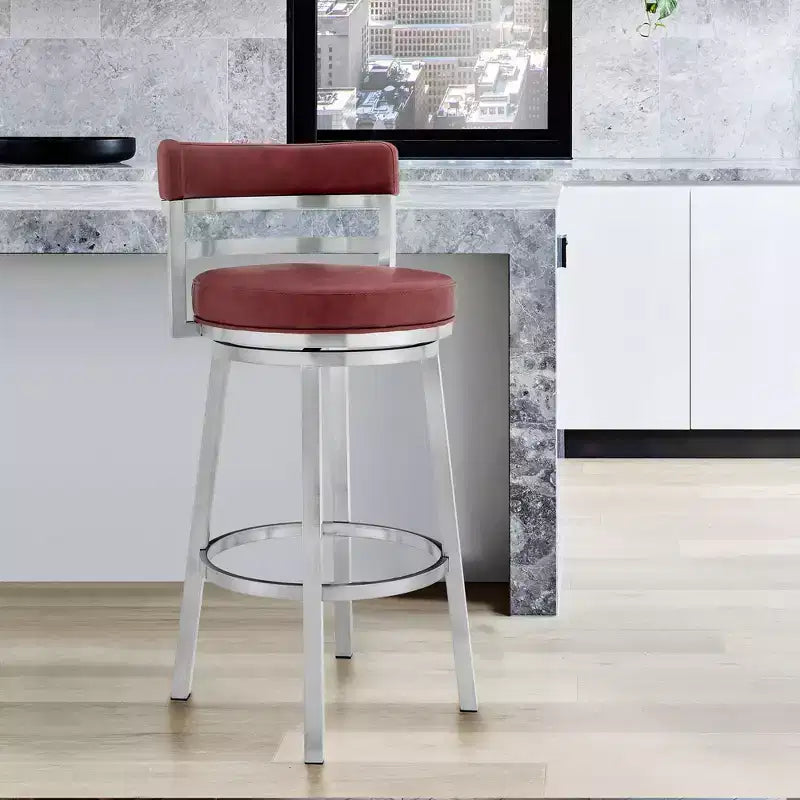 26 Inch Madrid Counter Height Barstool in Red Faux Leather with Brushed Stainless Steel