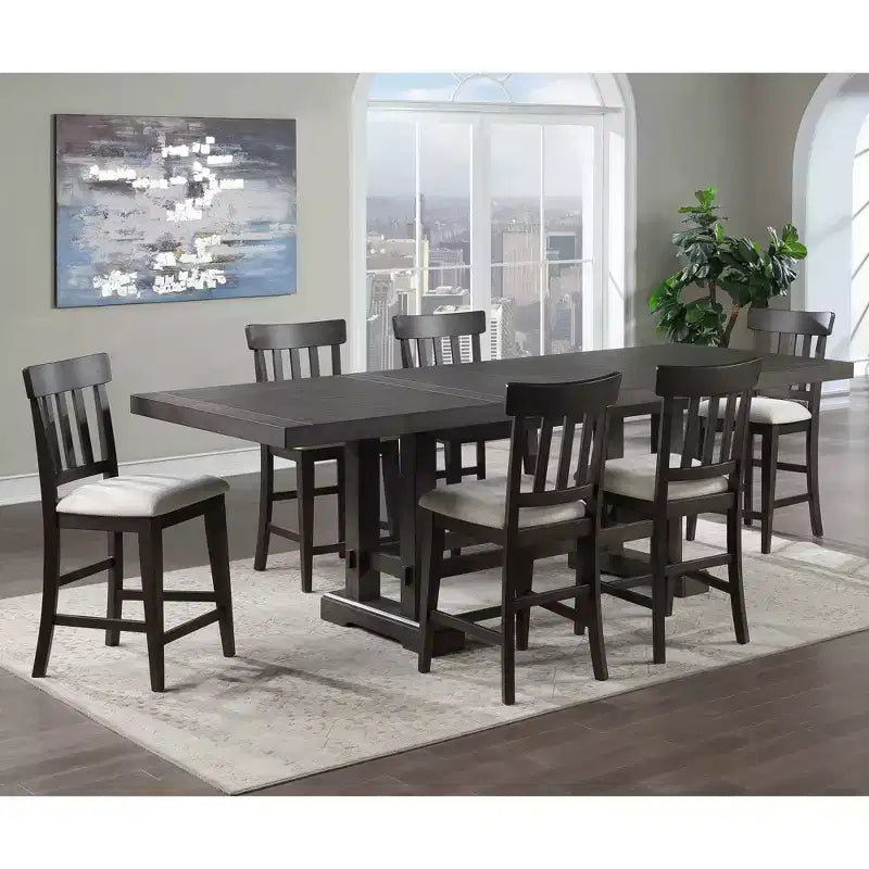 Counter Height Expandable Dining Table in Dusky Cedar Farmhouse Style Seats up to 10