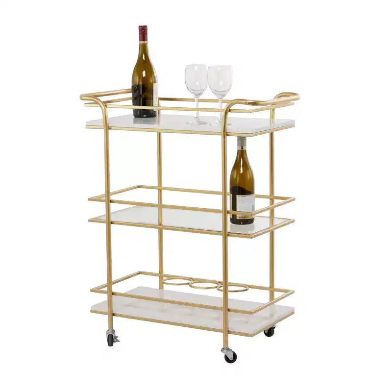 Glam Marble and Gold 3-Tier Rolling Bar Cart with Glass Shelves and Caster Wheels