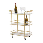 Desserte de bar roulante à 3 niveaux en marbre et or avec étagères en verre et roulettes