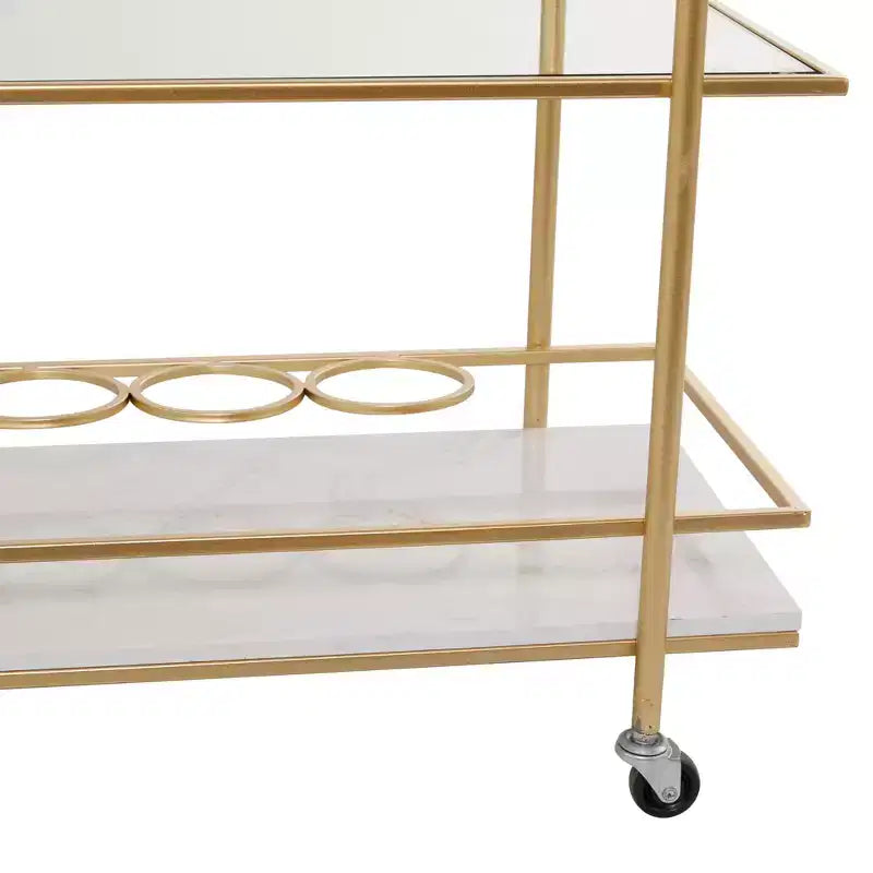 Glam Marble and Gold 3-Tier Rolling Bar Cart with Glass Shelves and Caster Wheels