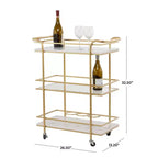 Desserte de bar roulante à 3 niveaux en marbre et or avec étagères en verre et roulettes