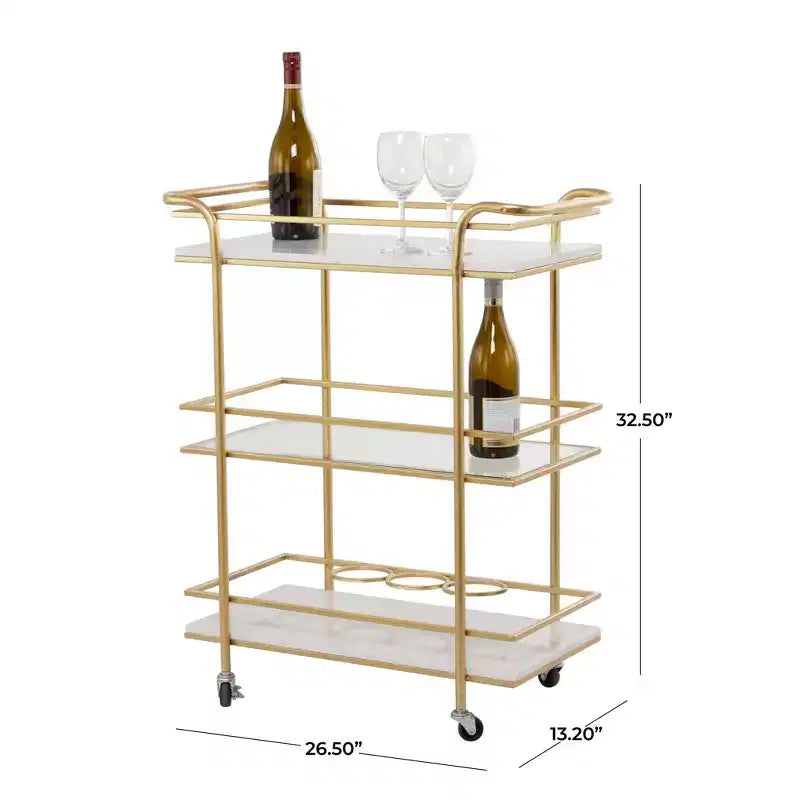 Glam Marble and Gold 3-Tier Rolling Bar Cart with Glass Shelves and Caster Wheels