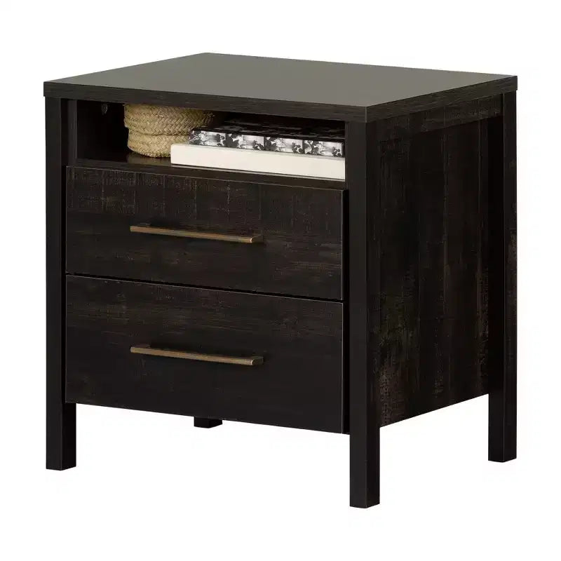 2-Drawer Bedroom Nightstand in Rubbed Black Finish with Large Storage Drawers