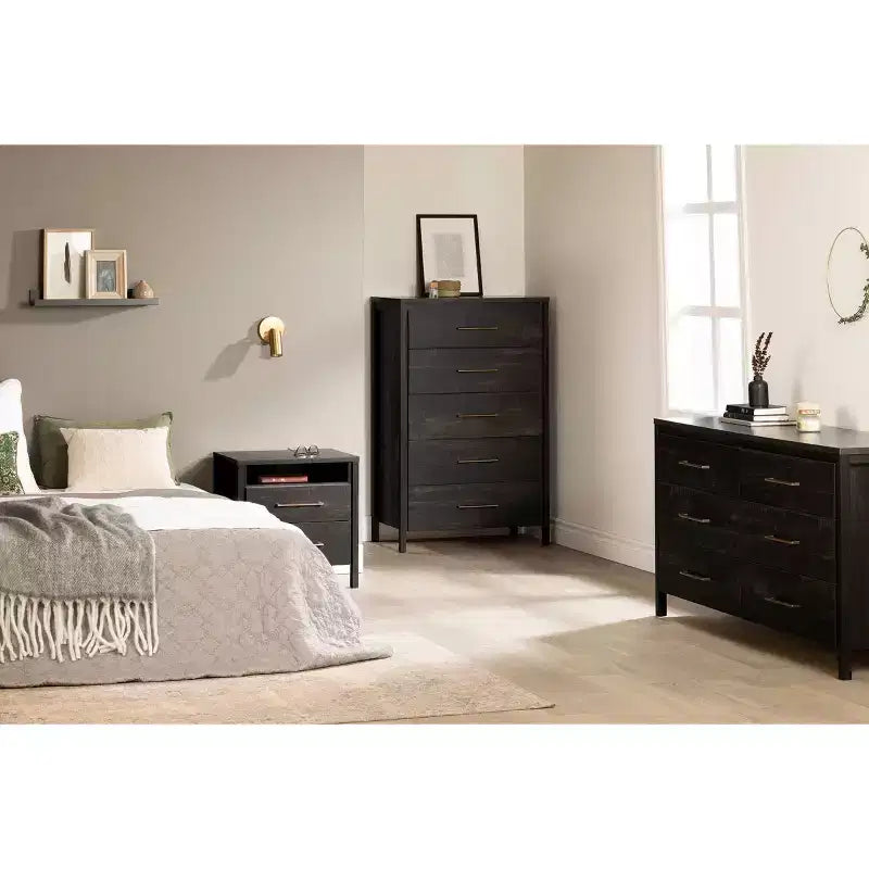 2-Drawer Bedroom Nightstand in Rubbed Black Finish with Large Storage Drawers