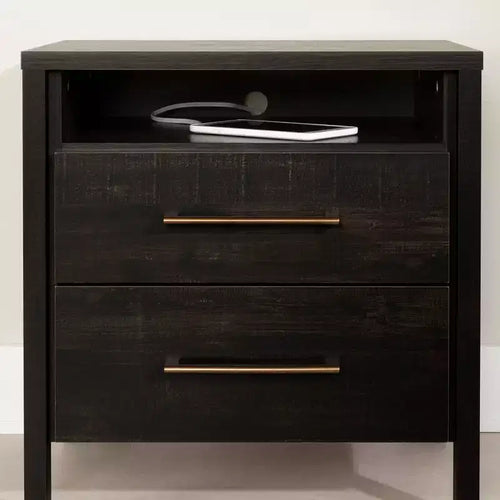 2-Drawer Bedroom Nightstand in Rubbed Black Finish with Large Storage Drawers