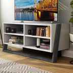 Meuble TV pour téléviseurs jusqu'à 56 pouces en gris avec finition bicolore, étagères ouvertes et réglables