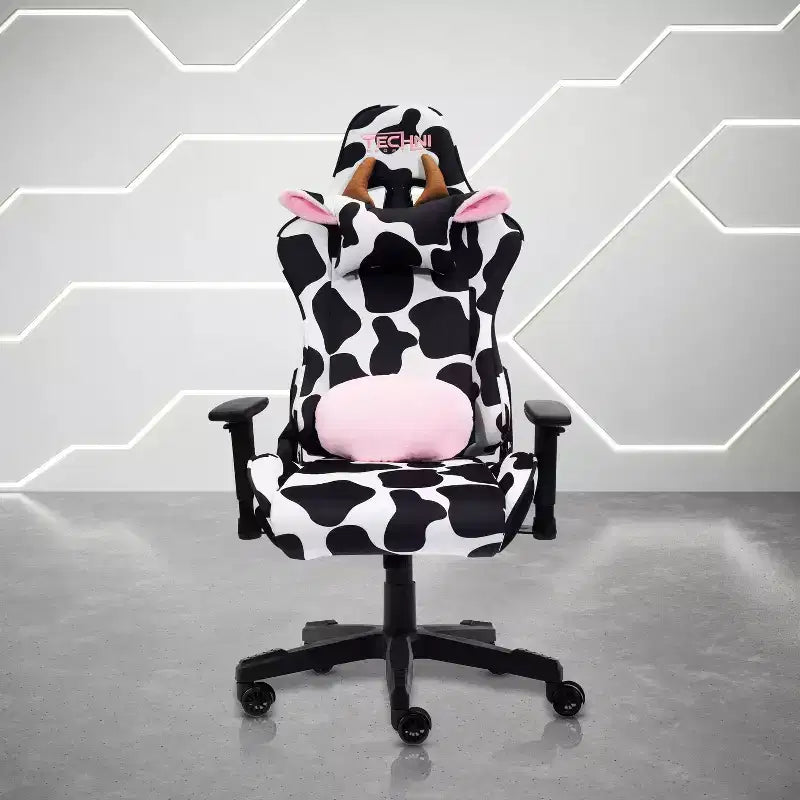 Cow Print Velvet Gaming Chair with Memory Foam and Adjustable Features