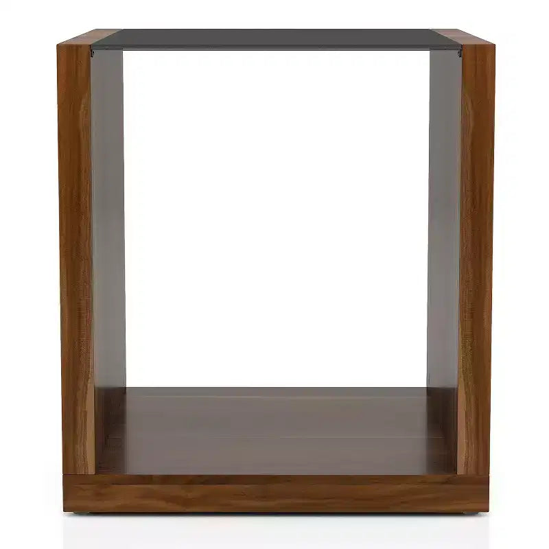 Tempered Glass Insert End Table Dark Walnut with Open Shelf and Gold Highlights
