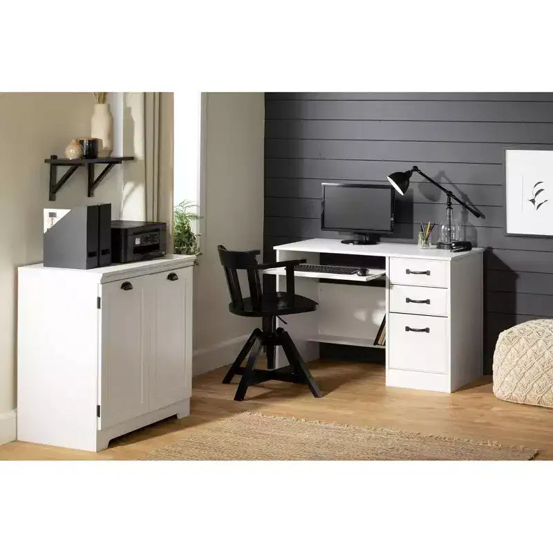 2-Door Farmhouse Storage Cabinet in Pure White with Adjustable Shelf and Metal Handles