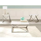 Table d'appoint carrée en faux marbre blanc avec base métallique chromée asymétrique