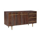 58" Adair Mid Century Modern Storage Console Solid Wood Gold Handle 2 Doors 3 Drawer Brown - Powell: Acacia Entryway Table with Iron Hardware