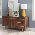 Console de Rangement Mid-Century Moderne de 58 Pouces en Bois d'Acacia Massif Marron avec Poignées Dorées