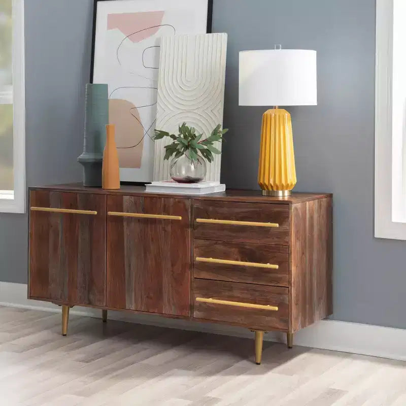 58 Inch Mid-Century Modern Storage Console in Brown Solid Acacia Wood with Gold Handles