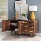 Console de Rangement Mid-Century Moderne de 58 Pouces en Bois d'Acacia Massif Marron avec Poignées Dorées