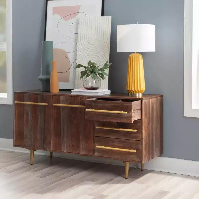 58 Inch Mid-Century Modern Storage Console in Brown Solid Acacia Wood with Gold Handles