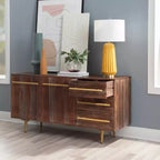 Console de Rangement Mid-Century Moderne de 58 Pouces en Bois d'Acacia Massif Marron avec Poignées Dorées