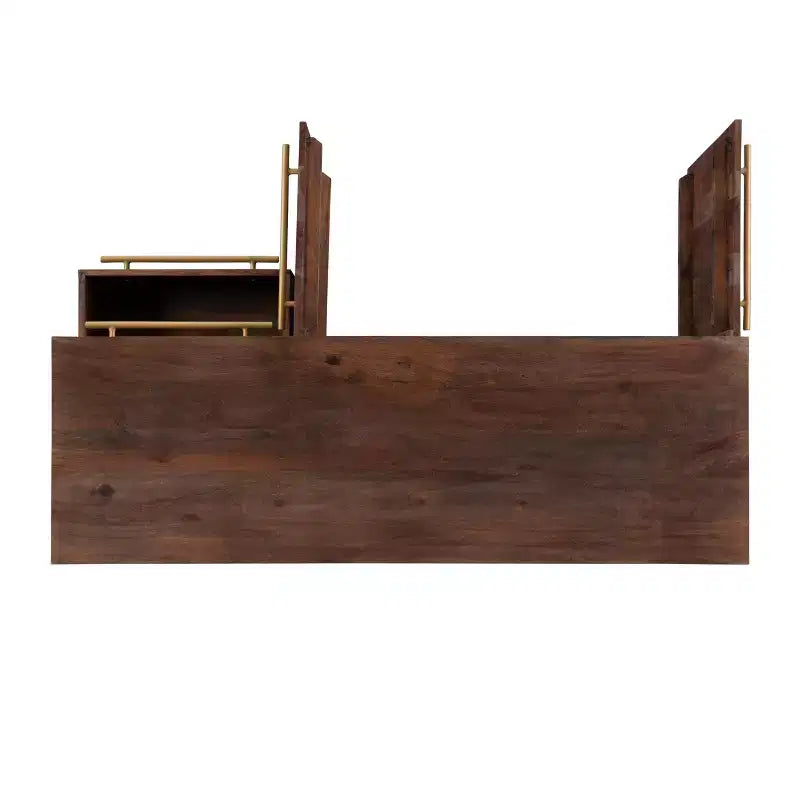58 Inch Mid-Century Modern Storage Console in Brown Solid Acacia Wood with Gold Handles
