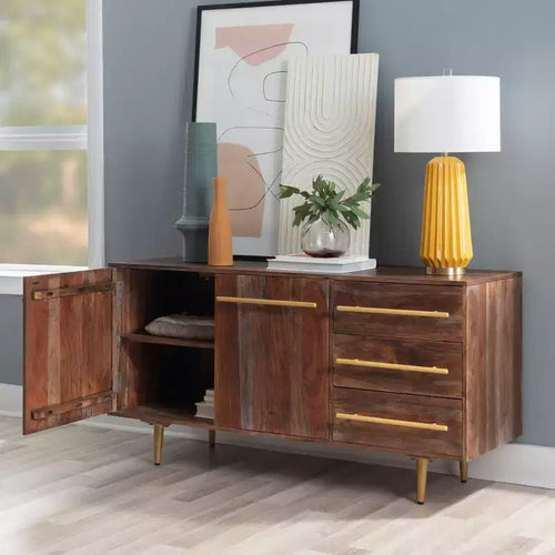 Console de Rangement Mid-Century Moderne de 58 Pouces en Bois d'Acacia Massif Marron avec Poignées Dorées