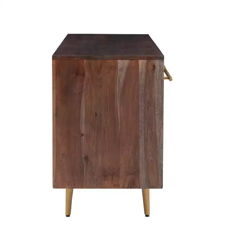 58 Inch Mid-Century Modern Storage Console in Brown Solid Acacia Wood with Gold Handles