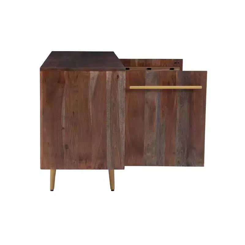 58 Inch Mid-Century Modern Storage Console in Brown Solid Acacia Wood with Gold Handles