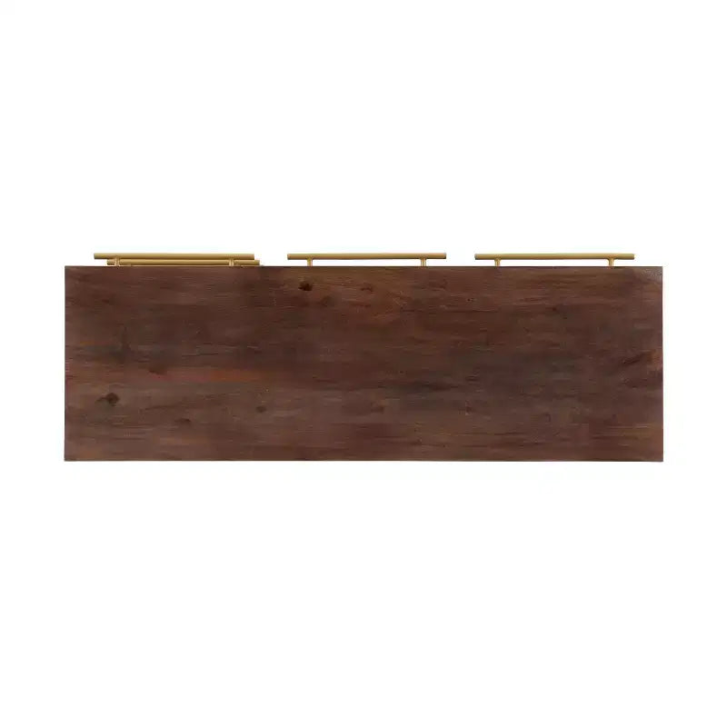 58 Inch Mid-Century Modern Storage Console in Brown Solid Acacia Wood with Gold Handles