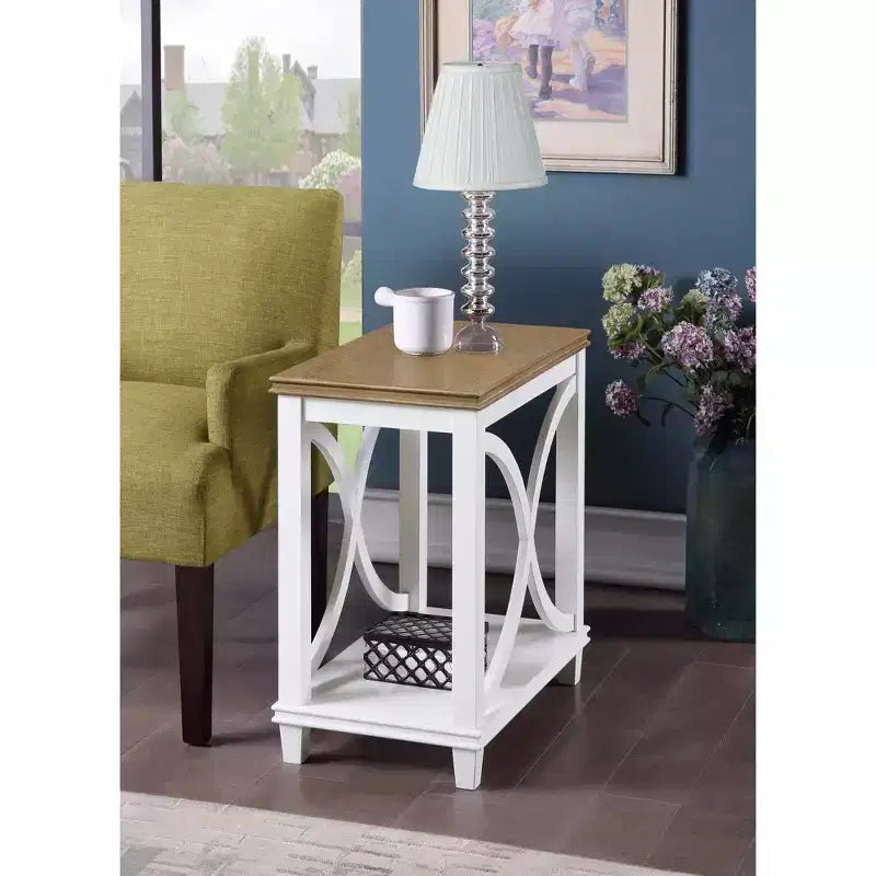 Chairside End Table with Shelf in Driftwood Top and White Frame